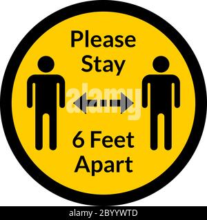 Si prega di rimanere 6 piedi Apart Round Social Distancing Istruzione Sticker icona. Immagine vettoriale. Illustrazione Vettoriale
