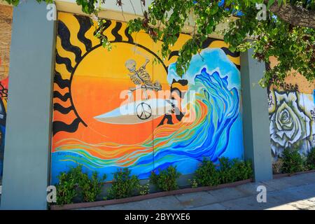 Murales dipinti che protestano per l'omicidio di George Floyd su pannelli di legno compensato che coprono le finestre del piano d'negozi, Broadway, Santa Monica, Los Angeles, California Foto Stock