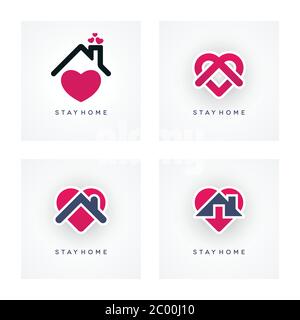 Soggiorno casa coronavirus pandemic concetto di progettazione. Covid-19 insieme di icone epidemiche di isolamento sociale con forme astratte del cuore. Illustrazione Vettoriale