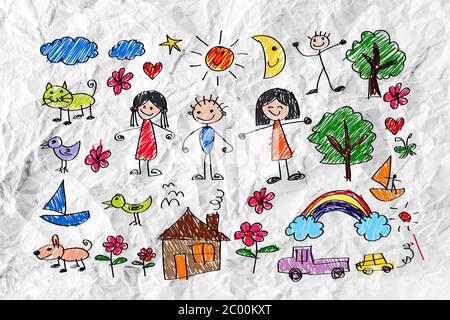 Bambini i disegni idea design su carta sgualcita Foto Stock