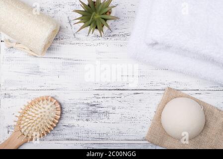 Vista dall'alto foto di prodotti eco-bagno e un succulente isolato su sfondo bianco di legno Foto Stock