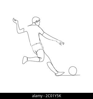 Un uomo che calcia una palla. Illustrazione vettoriale continua con disegno a una linea Foto Stock