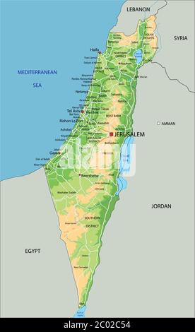 Mappa fisica di Israele con etichettatura. Illustrazione Vettoriale