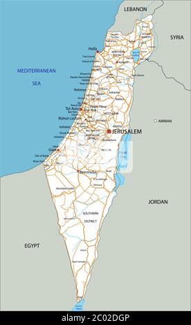 Mappa stradale dettagliata di Israele con etichettatura. Illustrazione Vettoriale