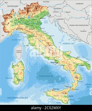 Mappa fisica dell'Italia con etichettatura. Illustrazione Vettoriale