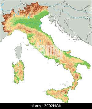 Mappa fisica dell'Italia dettagliata. Illustrazione Vettoriale