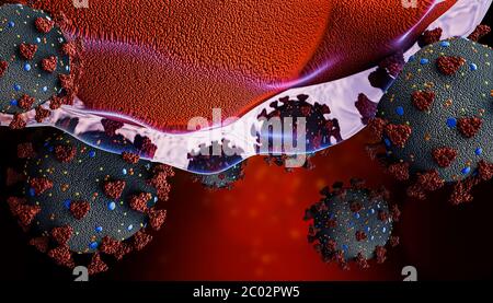 Coronavirus o covid 19 cellule virali primo piano invaso o infettare o attaccare tessuto cellulare 3D illustrazione di rendering. Microbiologia, medicina, bio Foto Stock