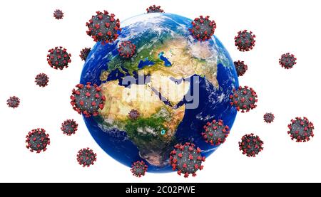 Pianeta Terra e coronavirus o cellule di virus covidi isolate su sfondo bianco rappresentazione 3D. Pandemia globale o epidemica e comunicabile Foto Stock