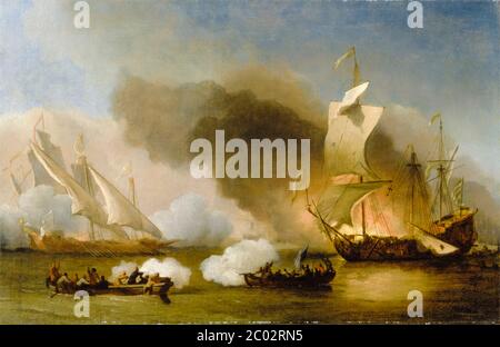 Un'azione tra navi inglesi e Barbary Corsairs (Barbary Pirates), dipinto di Willem van de Velde il giovane, circa 1695 Foto Stock