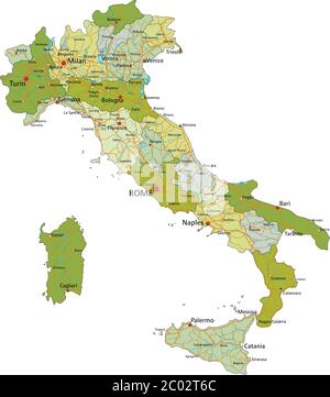 Mappa politica modificabile con livelli separati e molto dettagliata. Italia. Illustrazione Vettoriale