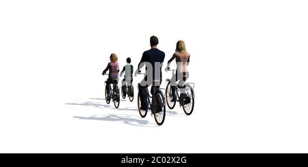 Famiglia sulla strada con biciclette - isolato su sfondo bianco - illustrazione 3D Foto Stock