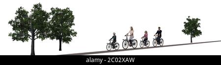 Famiglia sulla strada con biciclette - isolato su sfondo bianco - illustrazione 3D Foto Stock