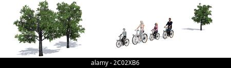 Famiglia sulla strada con biciclette - isolato su sfondo bianco - illustrazione 3D Foto Stock