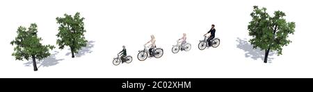 Famiglia sulla strada con biciclette - isolato su sfondo bianco - illustrazione 3D Foto Stock