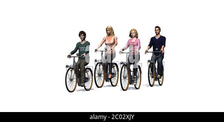 Famiglia sulla strada con biciclette - isolato su sfondo bianco - illustrazione 3D Foto Stock