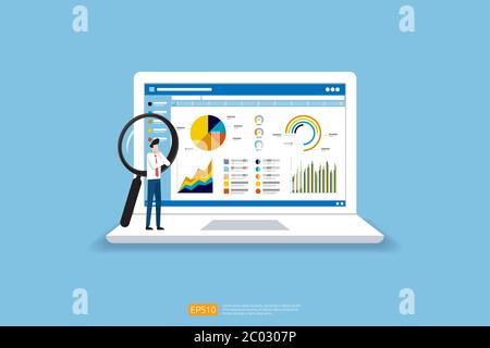 Analisi di businessman grafici di statistiche web su schermo del computer. Concetto di informazioni sui grafici di trend analitici a vettore piatto per la pianificazione Illustrazione Vettoriale