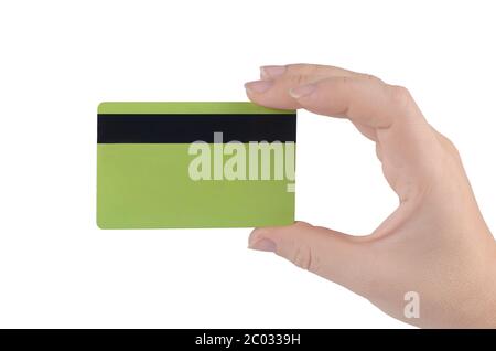 Carta di credito a mano isolata su sfondo bianco Foto Stock