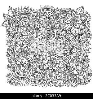 Contorno motivo floreale per colorare la pagina del libro. Antistress per adulti e bambini. Doodle ornamento in bianco e nero. Illustrazione vettoriale del disegno manuale. Illustrazione Vettoriale