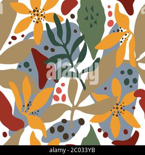 Modello senza giunture vettoriale disegnato a mano. Foglie, forme astratte, colori brillanti. Sfondo bianco Illustrazione Vettoriale