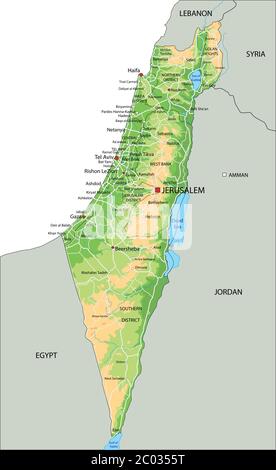 Mappa fisica di Israele con etichettatura. Illustrazione Vettoriale