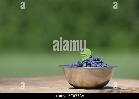 Bacche di miele fresche in ciotola con foglie su sfondo tavola di legno con copyspace Foto Stock