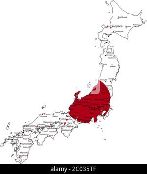 Giappone Mappa politica molto dettagliata con bandiera nazionale isolata su sfondo bianco. Illustrazione Vettoriale