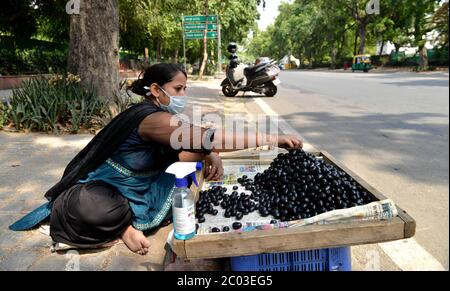 (200611) -- NUOVA DELHI, 11 giugno 2020 (Xinhua) -- UNA donna vende i prodotti in una strada a Nuova Delhi, India, 10 giugno 2020 il ministero federale indiano della salute Giovedi mattina ha detto che 357 nuovi morti dovuti a COVID-19, oltre a 9,996 nuovi casi positivi sono stati riportati nelle ultime 24 ore in tutto il paese, portando il numero di decessi a 8,102 e il totale dei casi a 286,579. (Foto di Partha Sarkar/Xinhua) Foto Stock