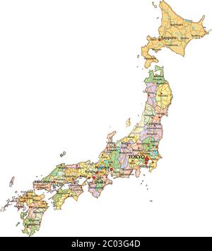 Giappone - Mappa politica modificabile e molto dettagliata con etichettatura. Illustrazione Vettoriale