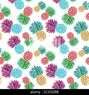 Ananas colorate con motivo senza cuciture su sfondo bianco. Illustrazione di gouache acriliche dipinte a mano. Esotico frutto di ananas su sfondo bianco. Foto Stock