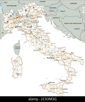 Mappa stradale dettagliata dell'Italia con etichettatura. Illustrazione Vettoriale