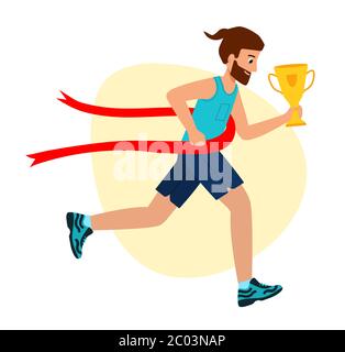 Running Man attraversa la linea di arrivo. Raggiungere l'obiettivo. Via per la vittoria. Primo posto, successo, Coppa in mano. Illustrazione vettoriale in stile moderno piatto. Illustrazione Vettoriale