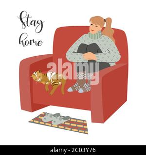 Rimani a casa. Illustrazione vettoriale con ragazza e gatto seduti su una poltrona a casa. Concetto di autoisolamento durante la quarantena Illustrazione Vettoriale
