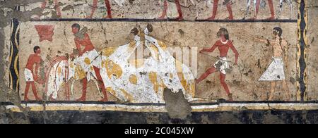 Antichi dipinti murali egiziani della Tomba di Iti e Neferu, scena rituale della macellazione, Tebe, primo periodo intermedio (2118 – 1980AC). Egypti Foto Stock