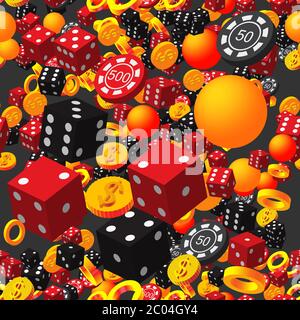 Anelli Balls Poker Chips dadi e monete su Black Illustrazione Vettoriale