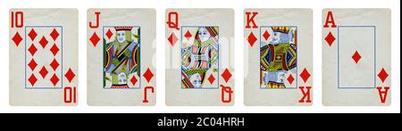 Le carte da gioco vintage Diamond Suit includono Asso, Re, Regina, Jack e Ten, isolate su bianco. Foto Stock