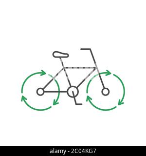 Bicicletta con icona a forma di freccia di riciclo. Trasporto ecologico. Concetto di stile di vita sano. Ruote di bicicletta che gira. Pendolarismo alternativo. Vettore Illustrazione Vettoriale