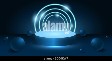 supporto cilindrico 3d blu scuro con sfera e anello luminoso blu chiaro. Illustrazione Vettoriale