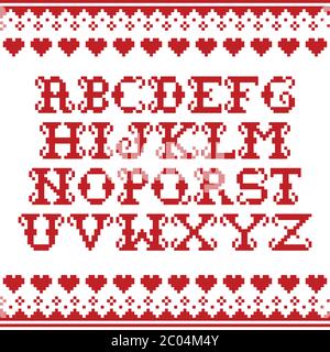 Modello a maglia in alfabeto motivo invernale rosso vettoriale senza cuciture - modello a maglia tradizionale in stile isola fiera Illustrazione Vettoriale
