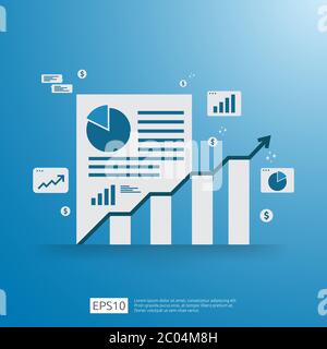 Analisi finanziaria concetto di business, statistica finanziaria e gestione. Vista dall'alto della scrivania dell'ambiente di lavoro con un documento, un laptop e un report sulla barra dei grafici in crescita. F Illustrazione Vettoriale