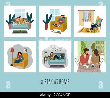 Insieme di illustrazioni vettoriali con persone a casa. Concetto di autoisolamento durante la quarantena Illustrazione Vettoriale