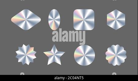 Set di ologrammi realistici di diverse forme per il design dei premi, la garanzia del prodotto, il design delle etichette. Kit o pacchetto ologrammi in argento metallico Illustrazione Vettoriale
