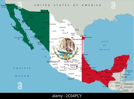 Messico Mappa politica molto dettagliata con bandiera nazionale. Illustrazione Vettoriale