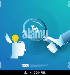 investimento intelligente sulla tecnologia startup. angel investitore analytic di affari. idea di opportunità di ricerca concetto con lampada lampadina e uomo d'affari Illustrazione Vettoriale