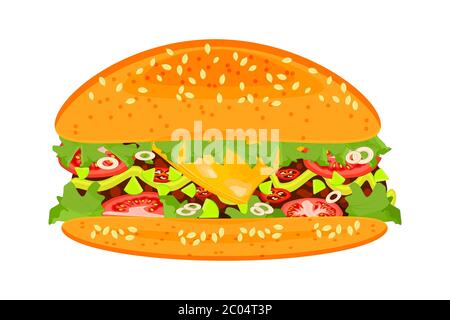 Burger isolato su sfondo bianco. Hamburger classico hamburger cheeseburger americano con lattuga, pomodoro, formaggio, manzo, salsa. Fast food. Vettore stock Illustrazione Vettoriale
