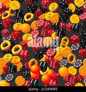 Anelli Balls Poker Chips dadi e monete su Black Illustrazione Vettoriale