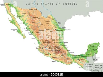 Mappa fisica del Messico con alta dettaglio con etichettatura. Illustrazione Vettoriale