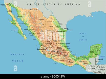 Mappa fisica del Messico con alta dettaglio con etichettatura. Illustrazione Vettoriale