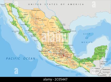 Mappa fisica del Messico con alta dettaglio con etichettatura. Illustrazione Vettoriale
