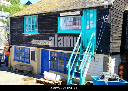 Una galleria d'arte e un negozio di pesce nel grazioso villaggio di Cadgwith sulla penisola di Lizard, Cornovaglia, Regno Unito - John Gollop Foto Stock