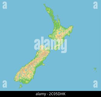 Mappa fisica della Nuova Zelanda dettagliata. Illustrazione Vettoriale